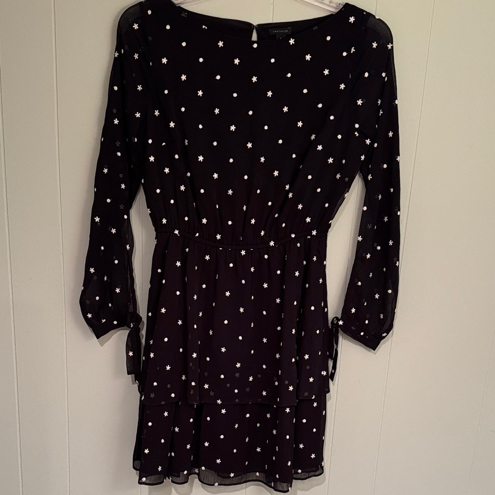 Ann Taylor Black Dress with White Floral Embroidered Pattern